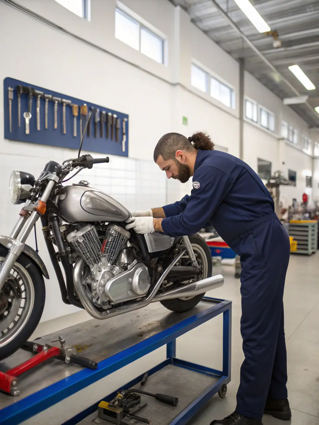 A damaged motorcycle being inspected by a mechanic, highlighting the vehicle insurance options available through Money.la.